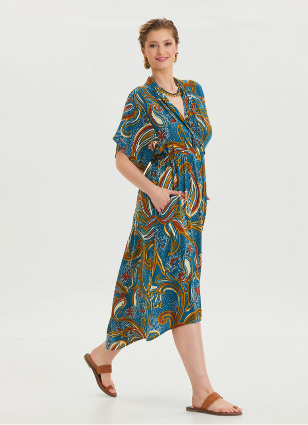 V Neck Gathered Detailed Petrol Floral Dress 4534